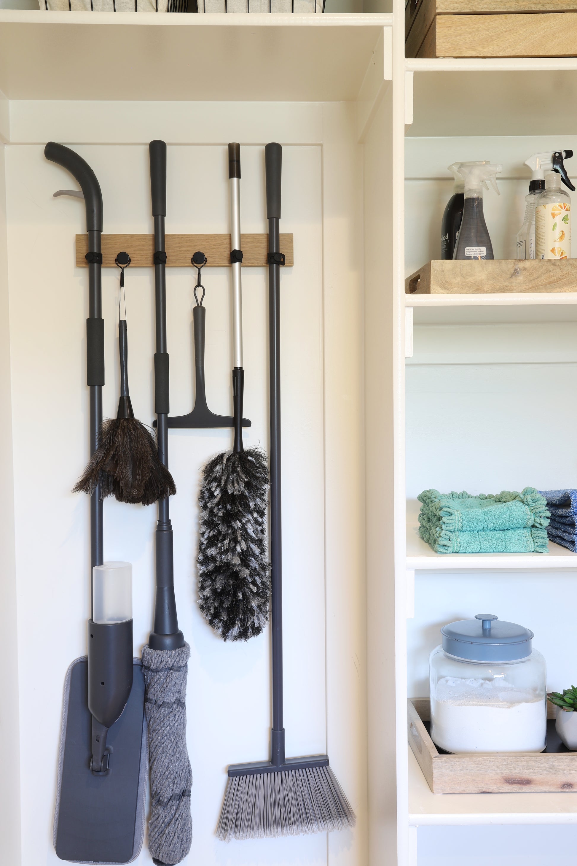 Mop Rack & Broom Rack – 17" Wooden Customizable Magnetic Wall Organizer